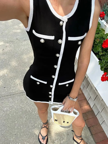 Vestido mini de patchwork sin mangas con cárdigan de bolsillo y cintura alta