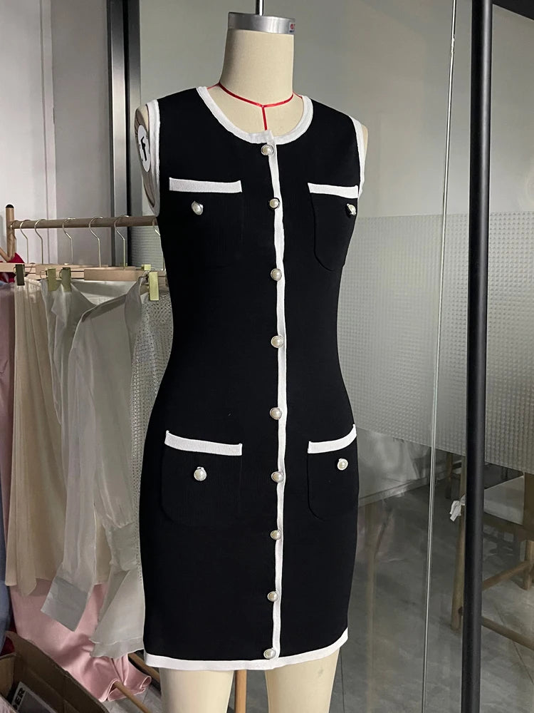 Vestido mini de patchwork sin mangas con cárdigan de bolsillo y cintura alta