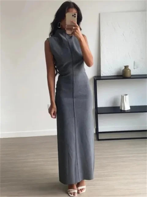Vestido largo sin mangas con cuello alto y abertura en la espalda para mujer, recto, liso, ajustado, de cintura alta, con cremallera, otoño 2025