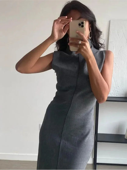 Vestido largo sin mangas con cuello alto y abertura en la espalda para mujer, recto, liso, ajustado, de cintura alta, con cremallera, otoño 2025