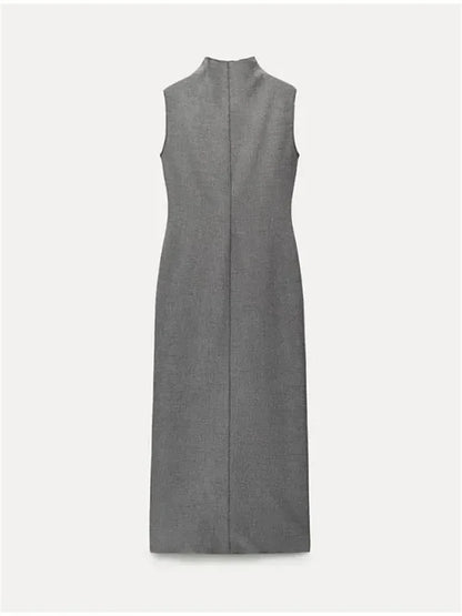 Vestido largo sin mangas con cuello alto y abertura en la espalda para mujer, recto, liso, ajustado, de cintura alta, con cremallera, otoño 2025