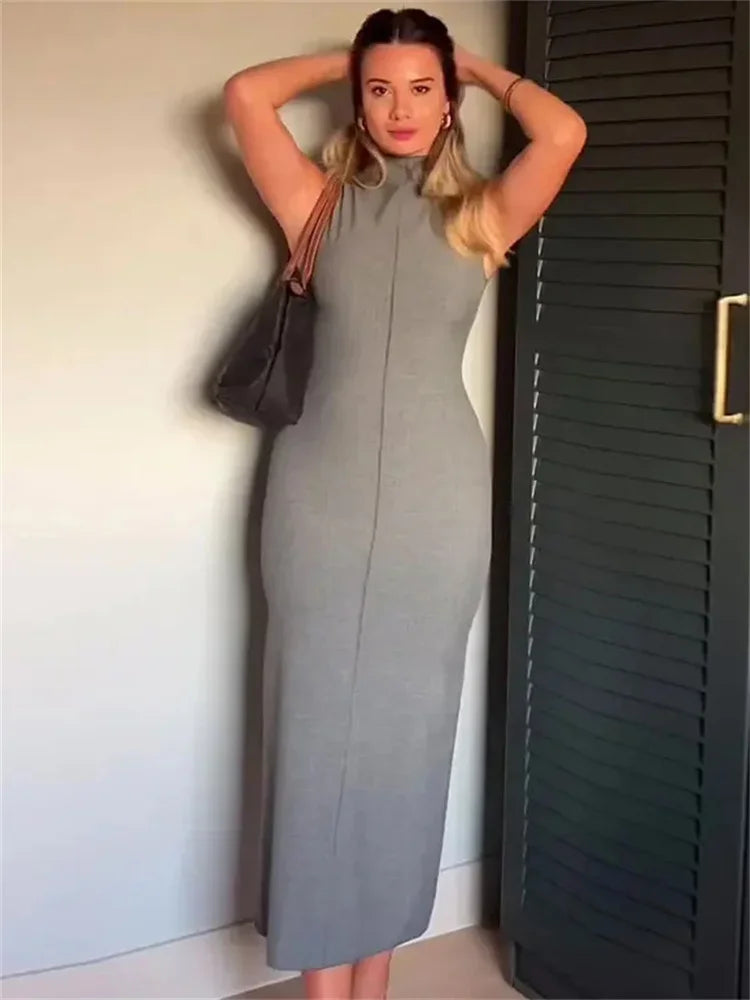 Vestido largo sin mangas con cuello alto y abertura en la espalda para mujer, recto, liso, ajustado, de cintura alta, con cremallera, otoño 2025