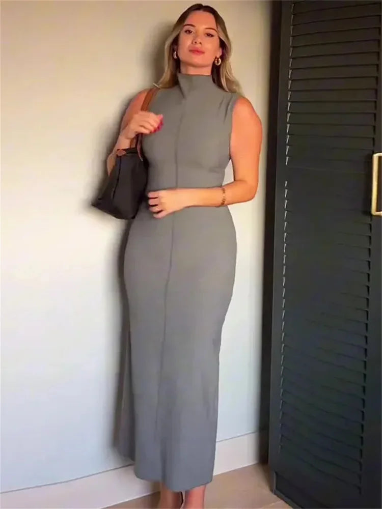 Vestido largo sin mangas con cuello alto y abertura en la espalda para mujer, recto, liso, ajustado, de cintura alta, con cremallera, otoño 2025