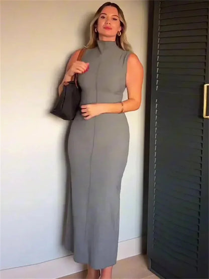 Vestido largo sin mangas con cuello alto y abertura en la espalda para mujer, recto, liso, ajustado, de cintura alta, con cremallera, otoño 2025