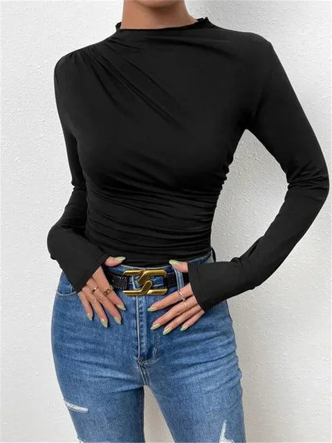 Solid Casual Pleated T-shirt For Women Patchwork Long Sleeve High Waist Inner Ruffled Crop top Ladies Vintage Y2k Top Tee