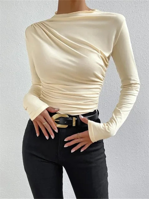 Solid Casual Pleated T-shirt For Women Patchwork Long Sleeve High Waist Inner Ruffled Crop top Ladies Vintage Y2k Top Tee