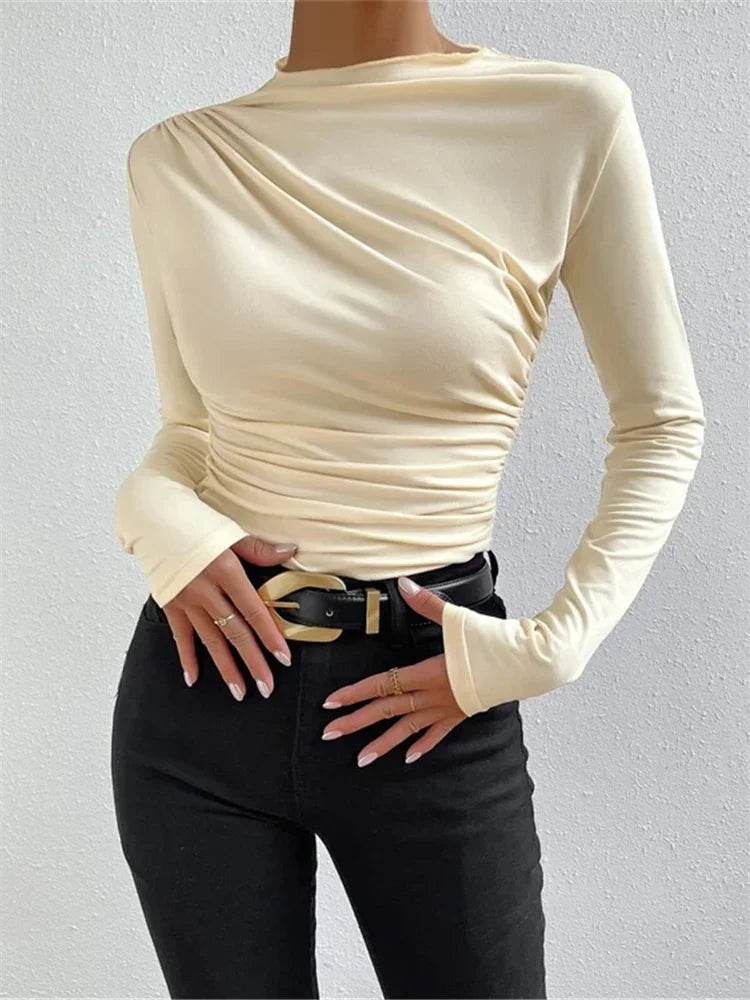Solid Casual Pleated T-shirt For Women Patchwork Long Sleeve High Waist Inner Ruffled Crop top Ladies Vintage Y2k Top Tee