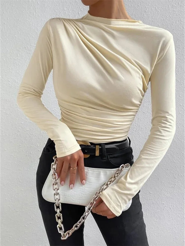 Solid Casual Pleated T-shirt For Women Patchwork Long Sleeve High Waist Inner Ruffled Crop top Ladies Vintage Y2k Top Tee