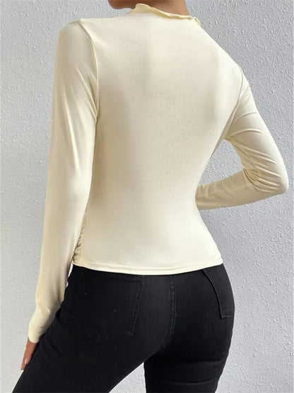 Solid Casual Pleated T-shirt For Women Patchwork Long Sleeve High Waist Inner Ruffled Crop top Ladies Vintage Y2k Top Tee