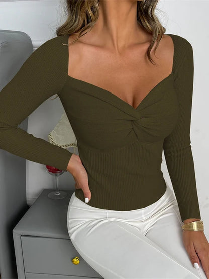 Suéter de punto con cuello en V y nudo torcido para mujer, informal, liso, para otoño 2025, manga larga