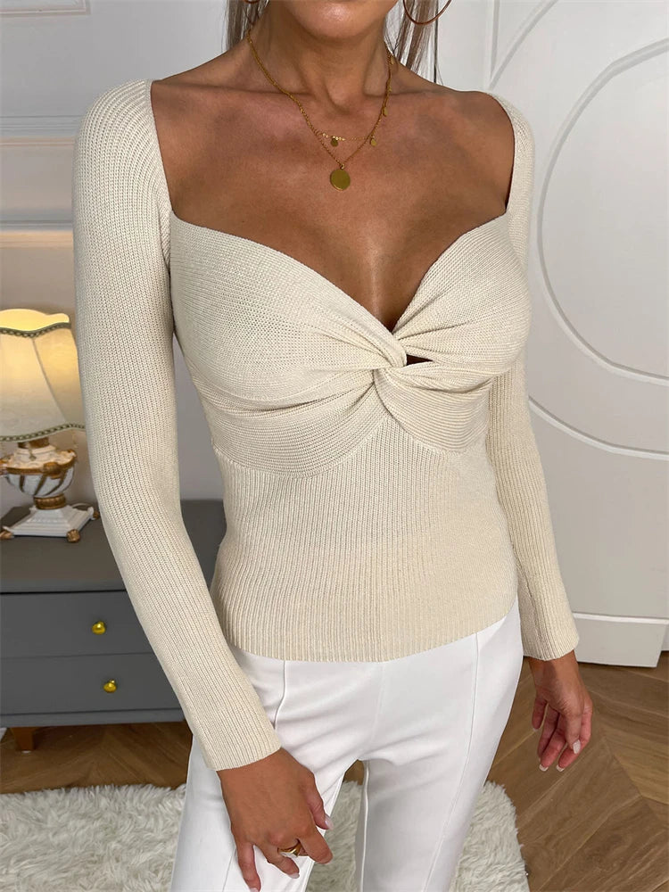 Suéter de punto con cuello en V y nudo torcido para mujer, informal, liso, para otoño 2025, manga larga