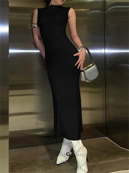 Vestido largo liso sin mangas para mujer, ajustado, con hombros descubiertos, elegante, ajustado, para fiesta, de verano