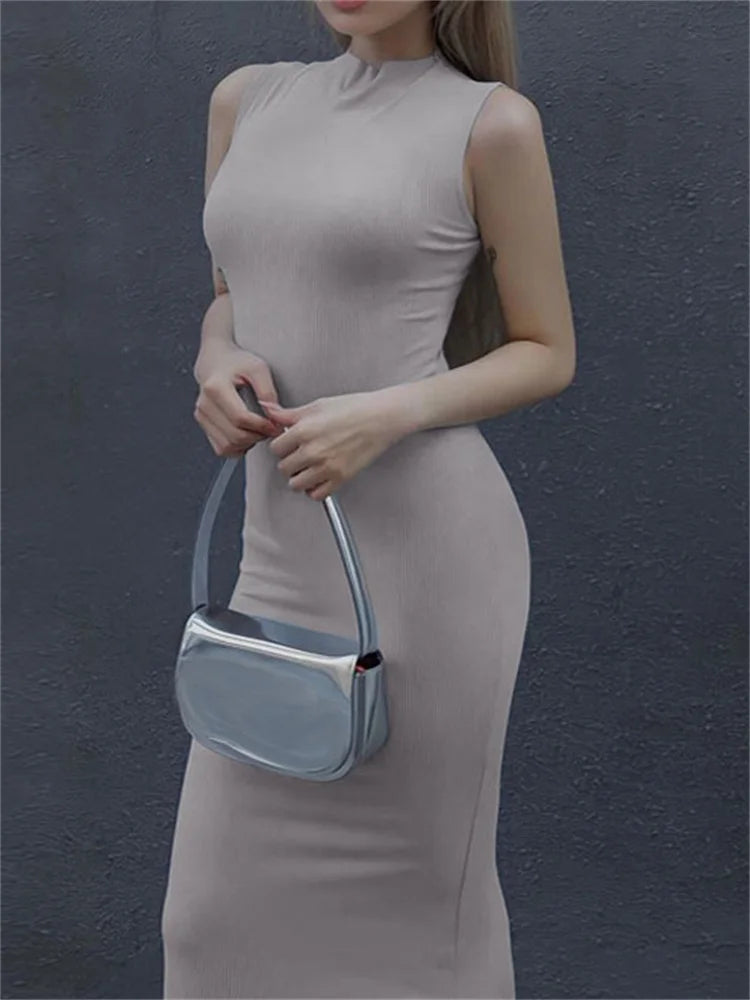 Vestido largo liso sin mangas para mujer, ajustado, con hombros descubiertos, elegante, ajustado, para fiesta, de verano