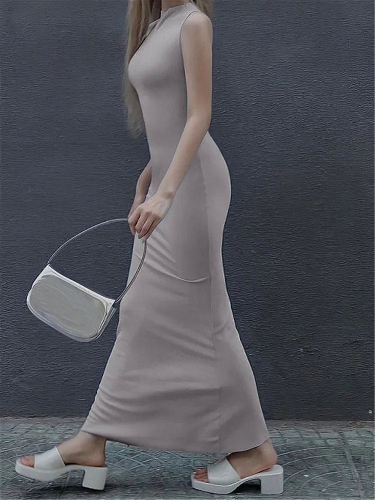 Vestido largo liso sin mangas para mujer, ajustado, con hombros descubiertos, elegante, ajustado, para fiesta, de verano