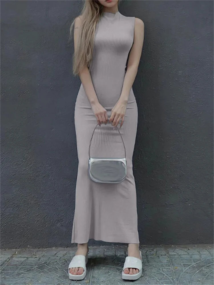 Vestido largo liso sin mangas para mujer, ajustado, con hombros descubiertos, elegante, ajustado, para fiesta, de verano