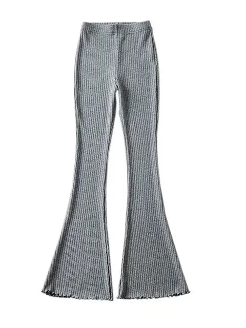 Solid Knitted High Waist Flare Pants For Women Ribbed Casual Leggings Female Stretchy Bodycon Trousers Fashion Streetwear