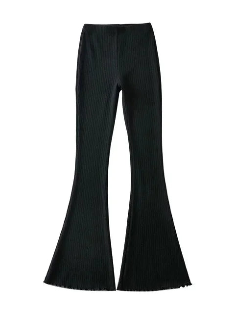 Solid Knitted High Waist Flare Pants For Women Ribbed Casual Leggings Female Stretchy Bodycon Trousers Fashion Streetwear