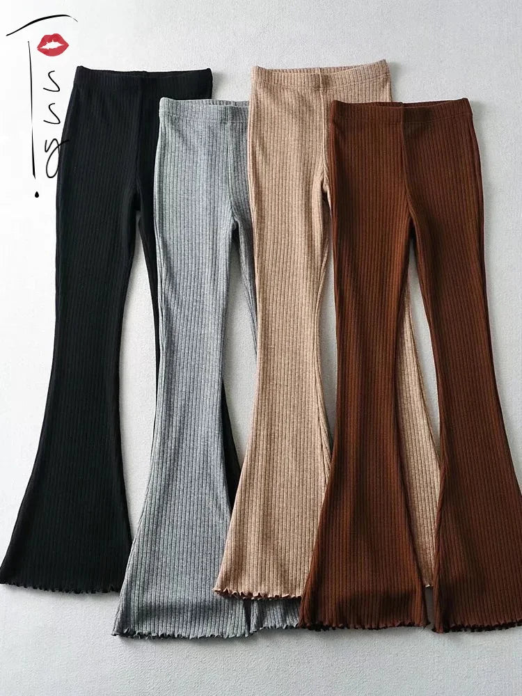 Solid Knitted High Waist Flare Pants For Women Ribbed Casual Leggings Female Stretchy Bodycon Trousers Fashion Streetwear
