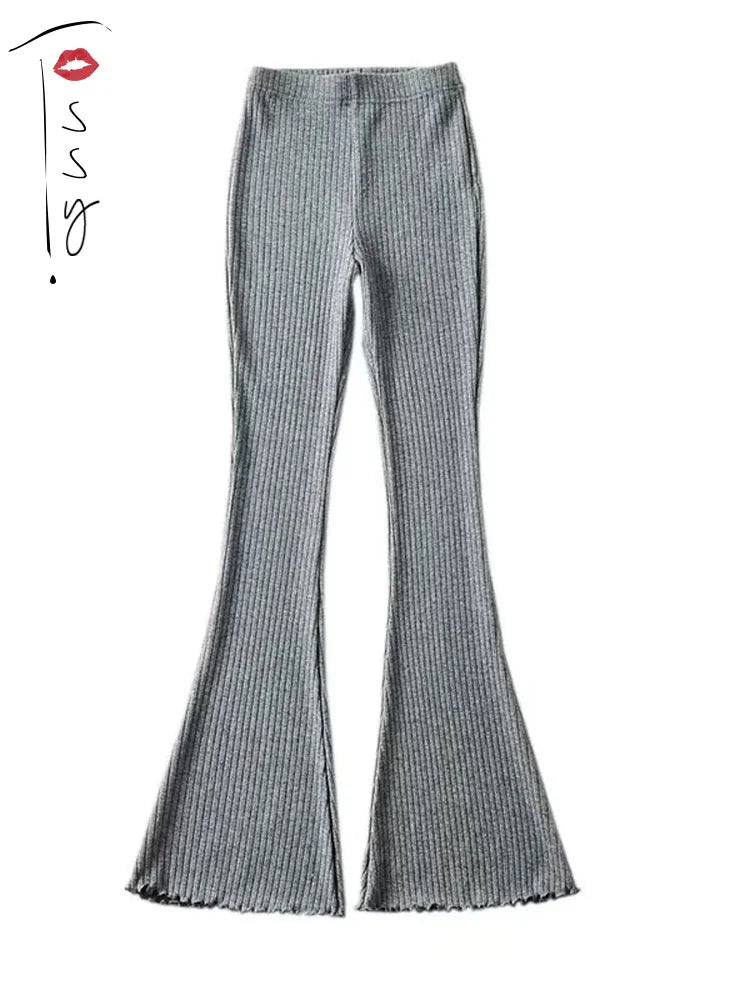 Solid Knitted High Waist Flare Pants For Women Ribbed Casual Leggings Female Stretchy Bodycon Trousers Fashion Streetwear