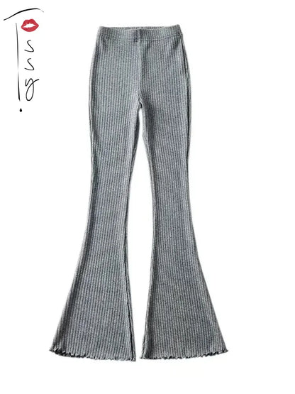 Solid Knitted High Waist Flare Pants For Women Ribbed Casual Leggings Female Stretchy Bodycon Trousers Fashion Streetwear