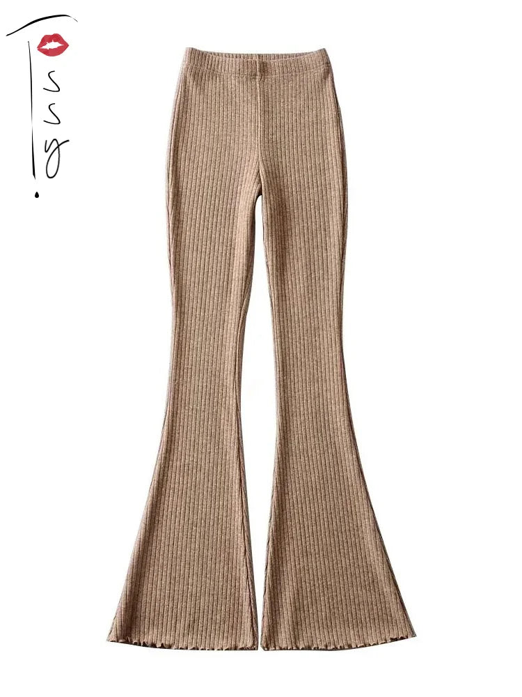 Solid Knitted High Waist Flare Pants For Women Ribbed Casual Leggings Female Stretchy Bodycon Trousers Fashion Streetwear