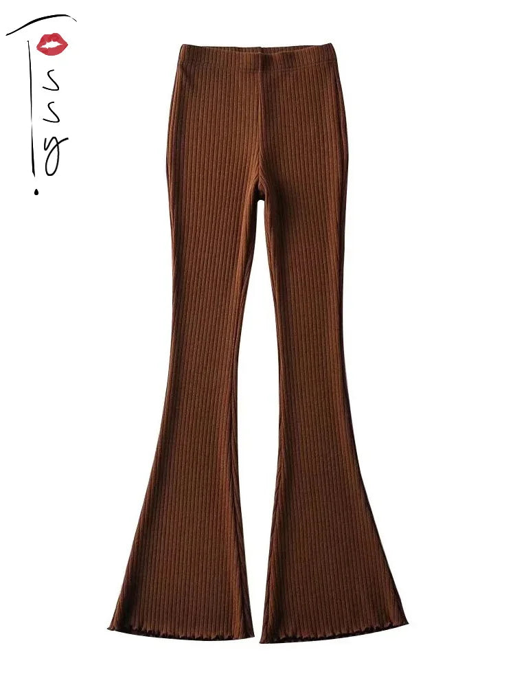 Solid Knitted High Waist Flare Pants For Women Ribbed Casual Leggings Female Stretchy Bodycon Trousers Fashion Streetwear