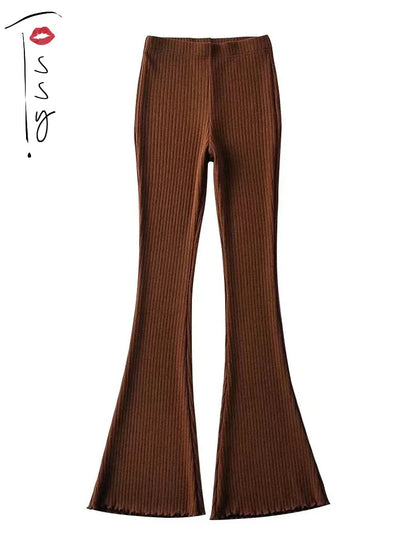 Solid Knitted High Waist Flare Pants For Women Ribbed Casual Leggings Female Stretchy Bodycon Trousers Fashion Streetwear