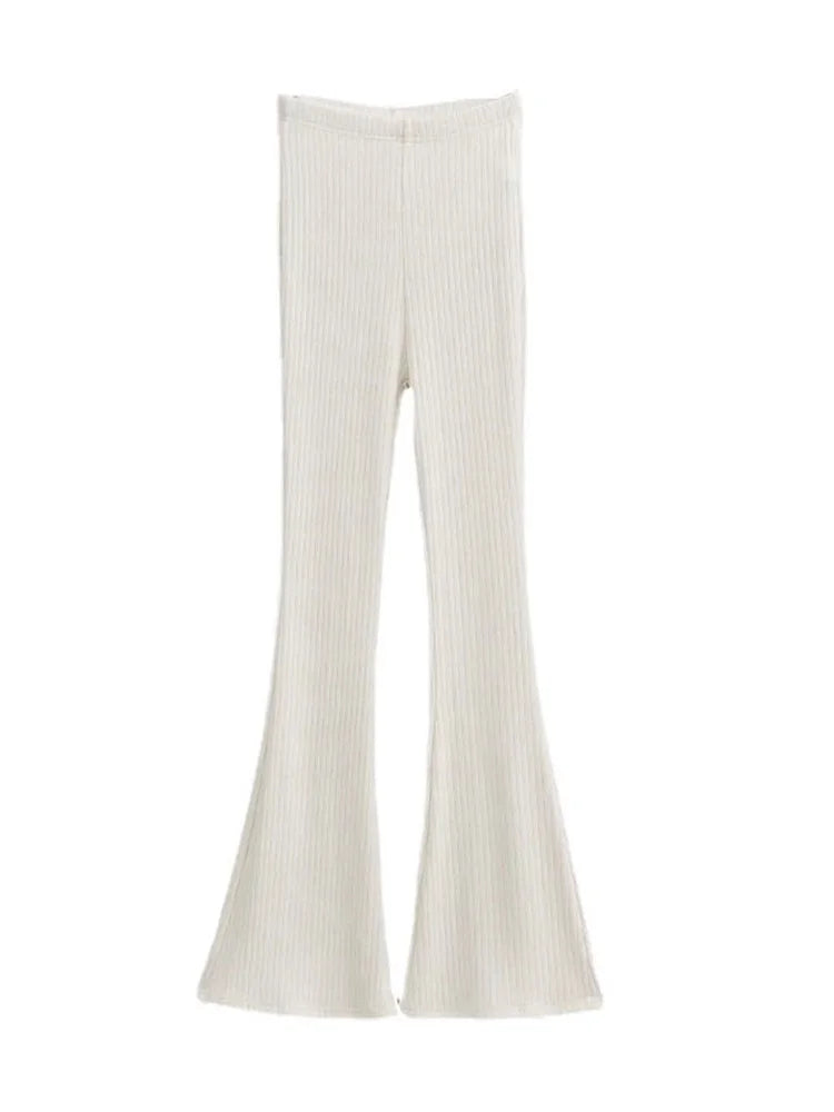 Solid Knitted High Waist Flare Pants For Women Ribbed Casual Leggings Female Stretchy Bodycon Trousers Fashion Streetwear