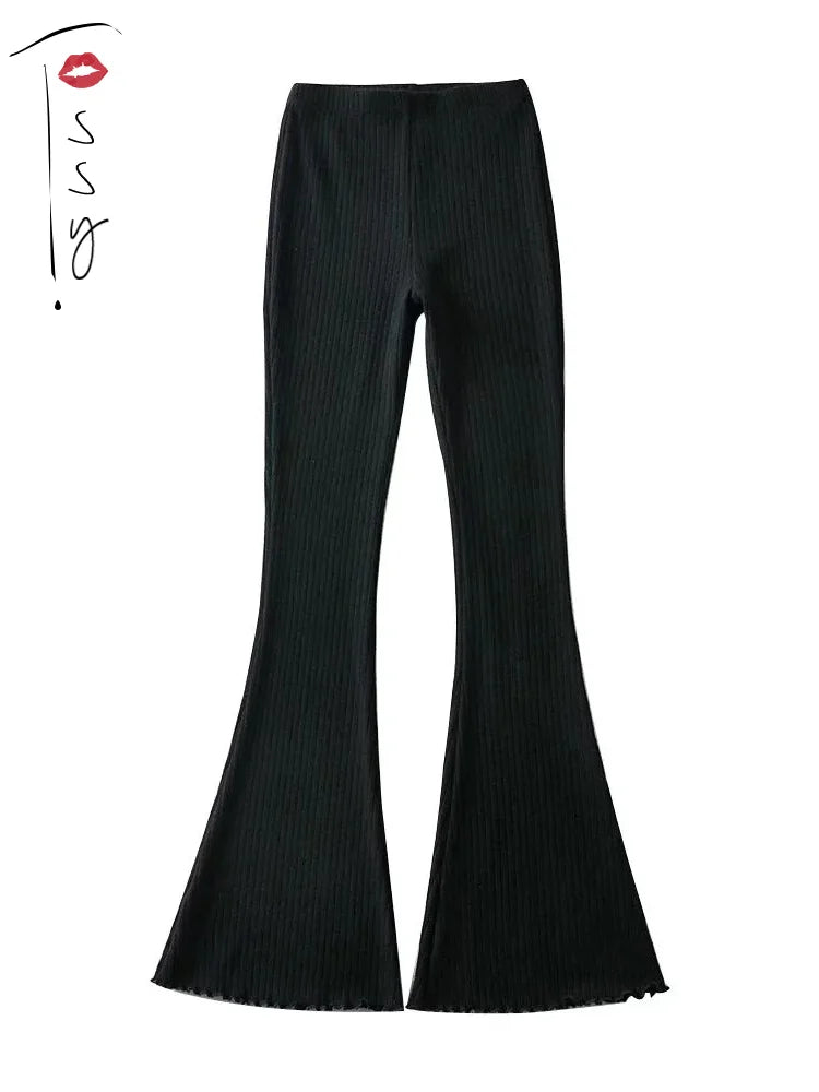 Solid Knitted High Waist Flare Pants For Women Ribbed Casual Leggings Female Stretchy Bodycon Trousers Fashion Streetwear