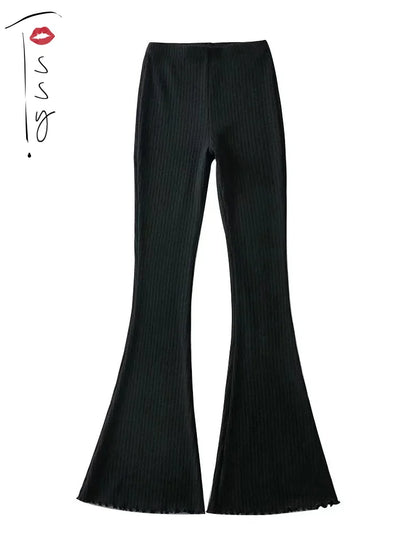 Solid Knitted High Waist Flare Pants For Women Ribbed Casual Leggings Female Stretchy Bodycon Trousers Fashion Streetwear