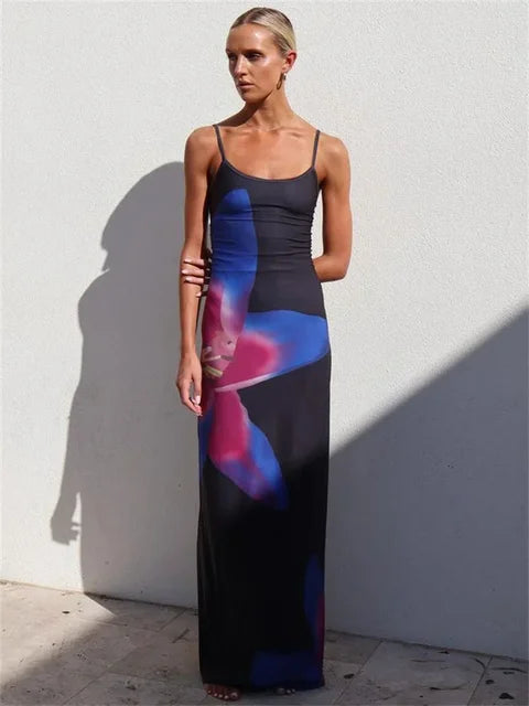 Vestido largo floral Lily: vestido veraniego informal ajustado con espalda descubierta