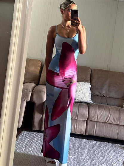Vestido largo floral Lily: vestido veraniego informal ajustado con espalda descubierta
