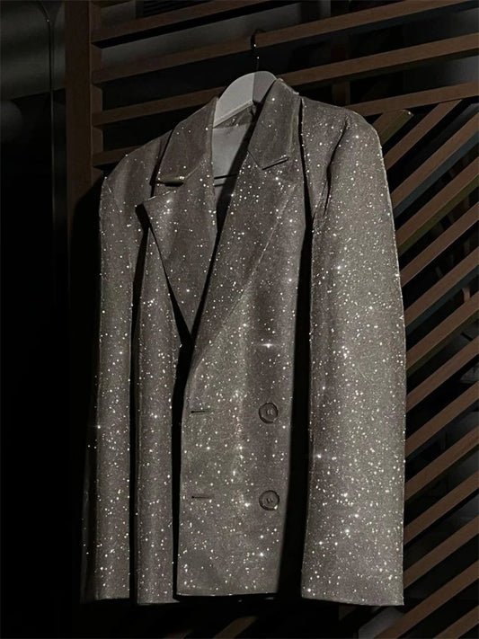 Blazers brillantes para mujer, chaquetas informales holgadas de gran tamaño con purpurina negra plateada, conjunto de blazer, abrigo rosa, trajes de fiesta para mujer