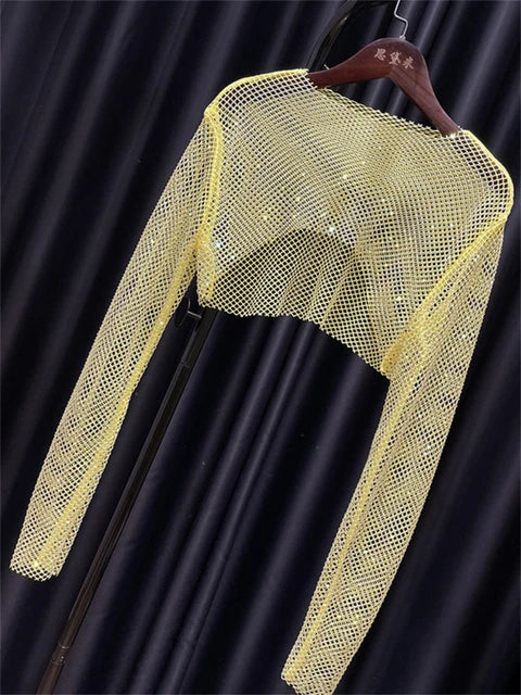 Tops cortos de cristal brillante para mujer, de rejilla transparente, con agujeros, para noche, club nocturno, ropa de fiesta de lujo