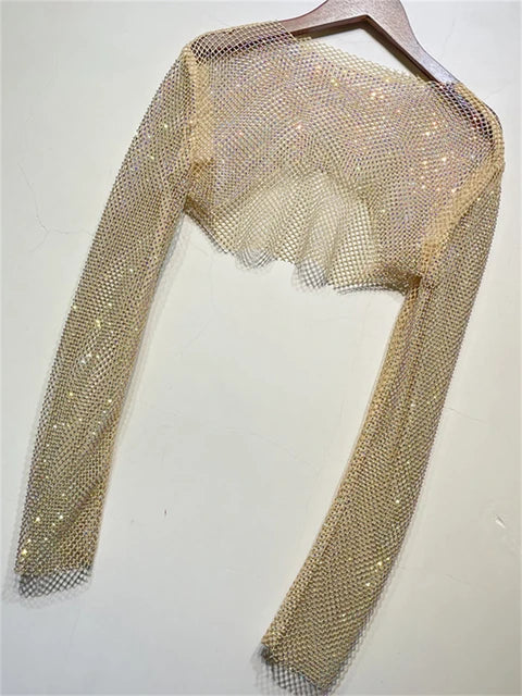 Tops cortos de cristal brillante para mujer, de rejilla transparente, con agujeros, para noche, club nocturno, ropa de fiesta de lujo