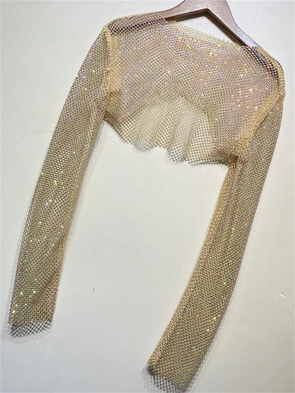 Tops cortos de cristal brillante para mujer, de rejilla transparente, con agujeros, para noche, club nocturno, ropa de fiesta de lujo