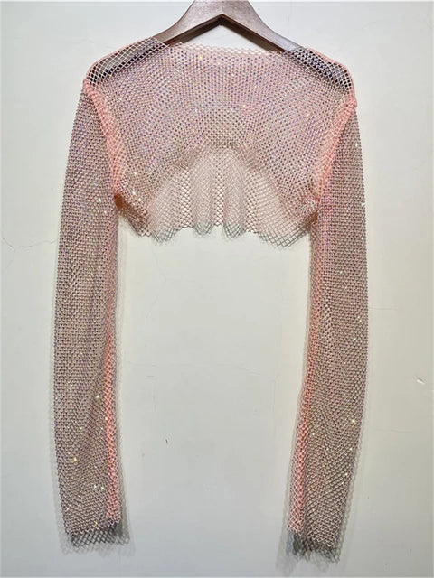 Tops cortos de cristal brillante para mujer, de rejilla transparente, con agujeros, para noche, club nocturno, ropa de fiesta de lujo