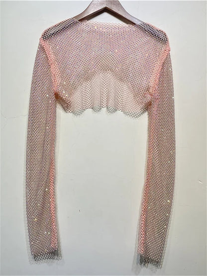 Tops cortos de cristal brillante para mujer, de rejilla transparente, con agujeros, para noche, club nocturno, ropa de fiesta de lujo