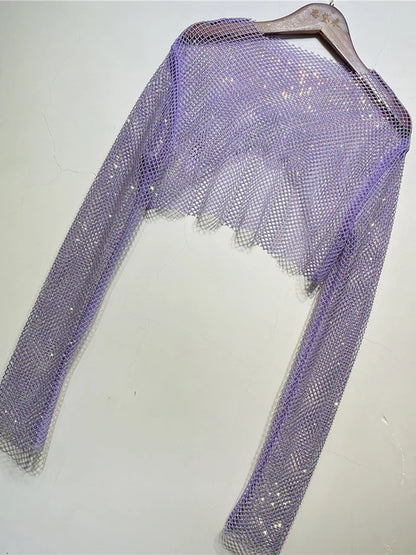 Tops cortos de cristal brillante para mujer, de rejilla transparente, con agujeros, para noche, club nocturno, ropa de fiesta de lujo