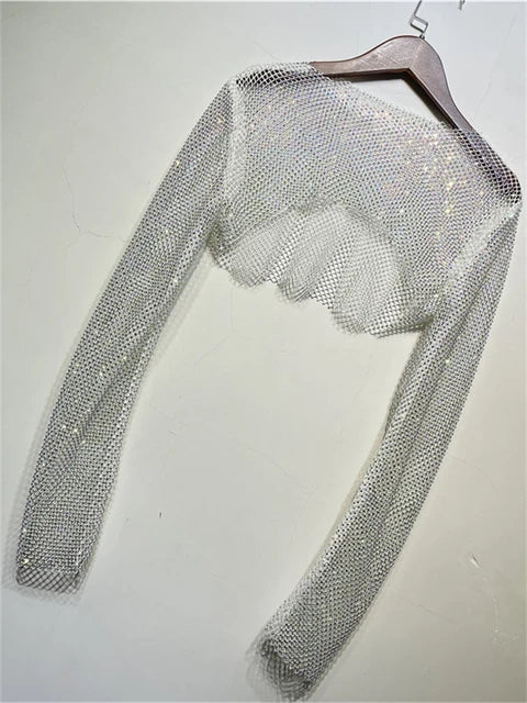 Tops cortos de cristal brillante para mujer, de rejilla transparente, con agujeros, para noche, club nocturno, ropa de fiesta de lujo
