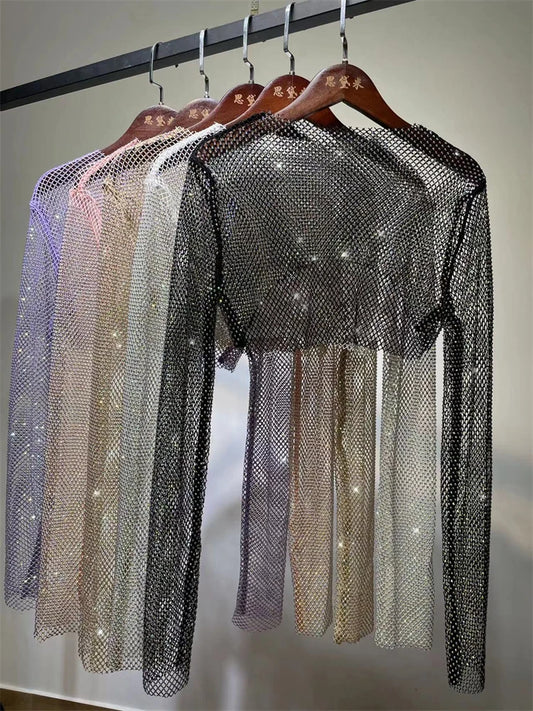 Tops cortos de cristal brillante para mujer, de rejilla transparente, con agujeros, para noche, club nocturno, ropa de fiesta de lujo