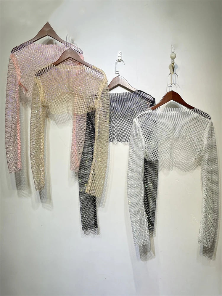 Tops cortos de cristal brillante para mujer, de rejilla transparente, con agujeros, para noche, club nocturno, ropa de fiesta de lujo