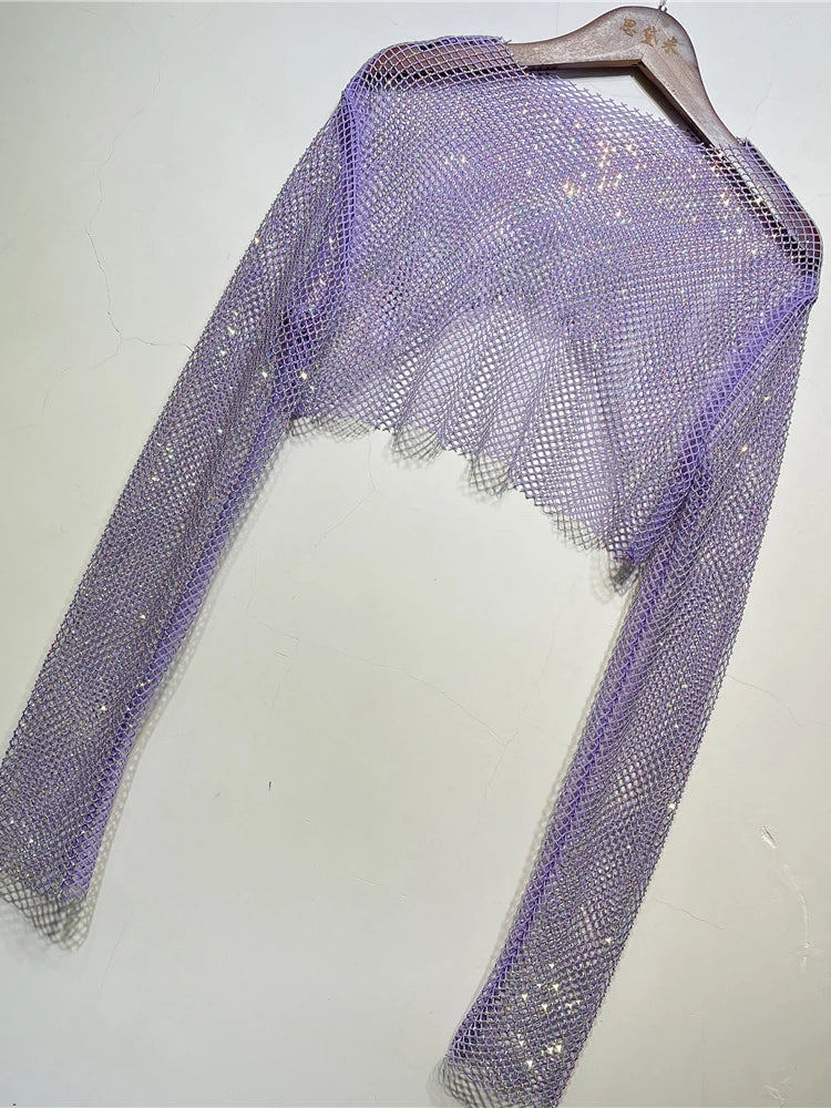 Tops cortos de cristal brillante para mujer, de rejilla transparente, con agujeros, para noche, club nocturno, ropa de fiesta de lujo