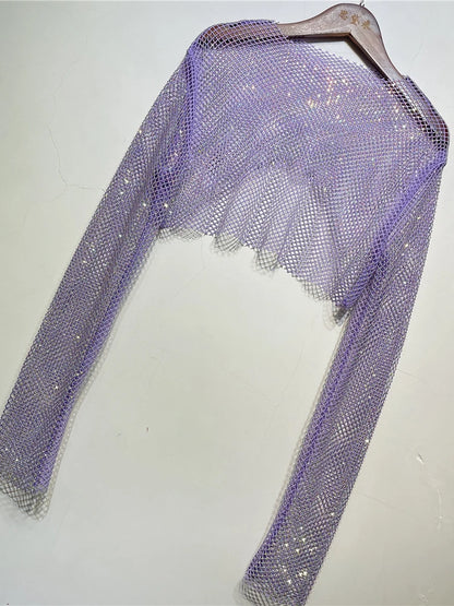 Tops cortos de cristal brillante para mujer, de rejilla transparente, con agujeros, para noche, club nocturno, ropa de fiesta de lujo