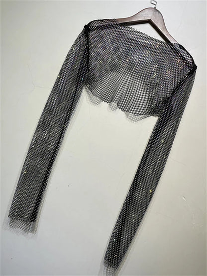 Tops cortos de cristal brillante para mujer, de rejilla transparente, con agujeros, para noche, club nocturno, ropa de fiesta de lujo