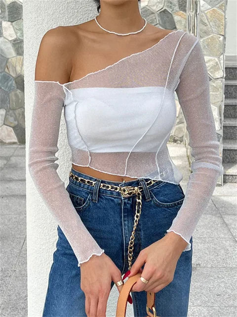 Top corto de un solo hombro con purpurina negra transparente, ajustado, liso, para mujer, top sexy de malla Y2K para fiesta, verano 2025