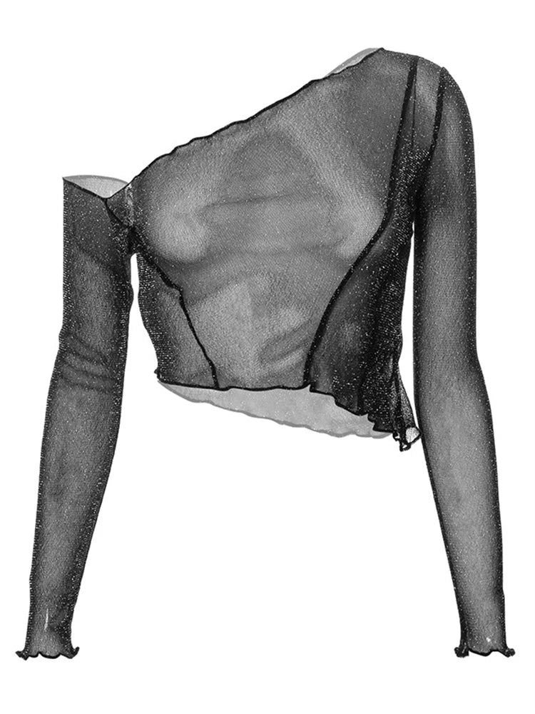 Top corto de un solo hombro con purpurina negra transparente, ajustado, liso, para mujer, top sexy de malla Y2K para fiesta, verano 2025