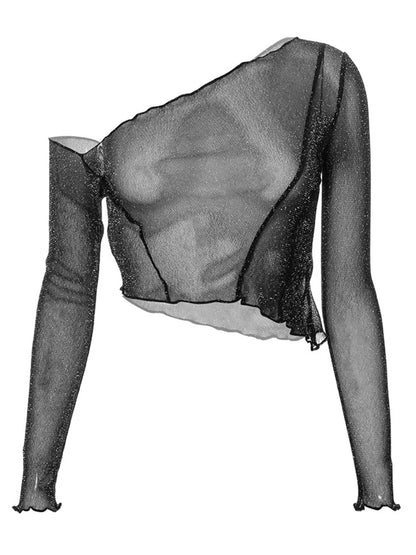 Top corto de un solo hombro con purpurina negra transparente, ajustado, liso, para mujer, top sexy de malla Y2K para fiesta, verano 2025