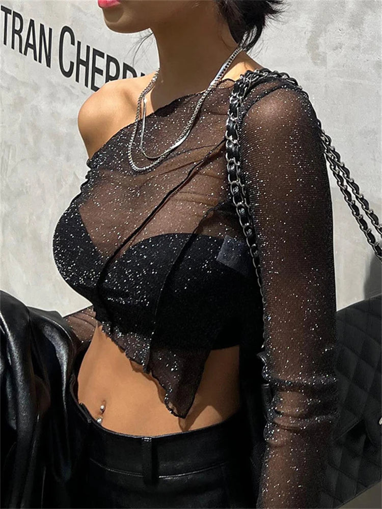 Top corto de un solo hombro con purpurina negra transparente, ajustado, liso, para mujer, top sexy de malla Y2K para fiesta, verano 2025