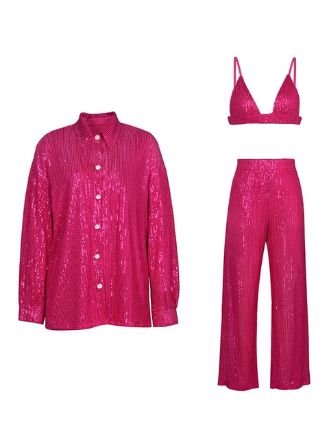 Sparkly Two-piece Set Party Outfits For Womens Sequin Top Blouse Shirt And Pants Suit Female Luxury Evening Tracksuit New